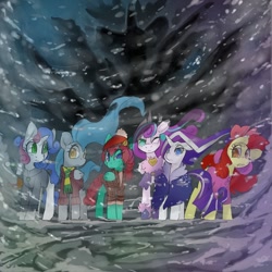 Size: 900x900 | Tagged: safe, artist:starlightspark, apple bloom, princess flurry heart, rarity, oc, oc:blue bolt, oc:sundial, oc:sweet symphony, pony, unicorn, fanfic:crisis:new world order, blizzard, crisis equestria, older, older apple bloom, older flurry heart, older rarity, snow, snowfall