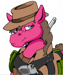 Size: 684x817 | Tagged: artist needed, source needed, safe, oc, oc only, oc:cherry pie, earth pony, pony, fallout equestria, better source needed, clothes, hat, male, new pegas, simple background, solo, stallion, weapon, white background