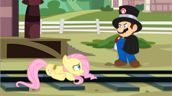 Size: 3846x2160 | Tagged: safe, artist:perplexedpegasus, fluttershy, human, pegasus, pony, barely pony related, crossover, damsel in distress, dastardly whiplash, fanart mashup challenge, female, hat, mare, mario, marioshy, nintendo, peril, rope, super mario bros., super smash bros., tied to tracks, tied up, top hat, train tracks