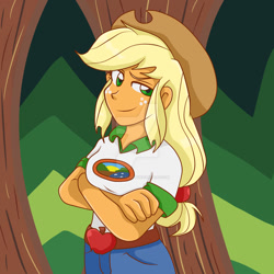 Size: 1024x1024 | Tagged: safe, artist:yoshimarsart, applejack, equestria girls, legend of everfree, clothes, cowboy hat, crossed arms, denim, freckles, hat, shorts, solo, stetson, watermark