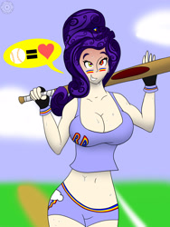 Size: 3000x4000 | Tagged: safe, artist:black--wave, rarity, human, alternate hairstyle, baseball, baseball bat, breasts, clothes, cloud, female, grin, heart, humanized, implied rainbow dash, mind control, pictogram, raritits, shorts, smiling, solo, sports