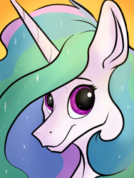 Size: 3120x4160 | Tagged: safe, artist:greyscaleart, princess celestia, alicorn, pony, bust, female, looking at you, mare, purple eyes, simple background, solo, yellow background