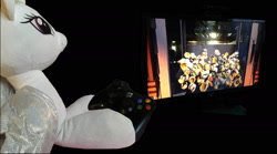 Size: 1817x1012 | Tagged: safe, princess celestia, alicorn, pony, build-a-bear, controller, food, kinect party, plushie, popcorn, television, xbox 360, xbox 360 camera, xbox 360 controller