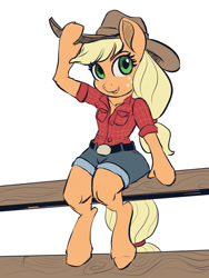 Size: 555x740 | Tagged: safe, artist:raikoh, applejack, anthro, unguligrade anthro, clothes, fence, shirt, shorts, sitting, solo