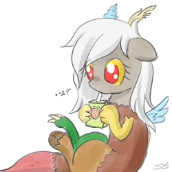 Size: 900x900 | Tagged: safe, artist:speccysy, discord, eris, adoreris, cute, drink, drinking, female, juice box, rule 63, rule63betes, simple background, sitting, solo, white background, younger