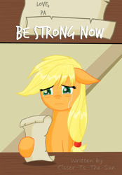 Size: 1500x2152 | Tagged: safe, artist:despisedandbeloved, applejack, earth pony, pony, fanfic, fanfic art, hatless, missing accessory, sad, solo, unhapplejack