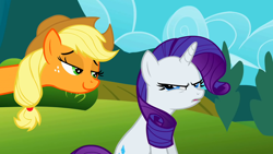 Size: 1280x720 | Tagged: safe, screencap, applejack, rarity, earth pony, pony, unicorn, the return of harmony, annoyed, appletroll, cowboy hat, duo, freckles, hat, lidded eyes, long neck, rarity is not amused, smirk, smug, smugjack, squint, stetson, trollface, u mad, unamused