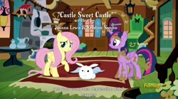 Size: 1280x714 | Tagged: safe, derpibooru import, screencap, angel bunny, fluttershy, twilight sparkle, twilight sparkle (alicorn), alicorn, pegasus, pony, castle sweet castle, female, mare, meme, youtube caption