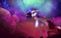 Size: 3969x2494 | Tagged: safe, artist:rocioam7, rarity, pony, unicorn, cape, clothes, crystal, curved horn, gem, gem cave, glowing horn, horn, queen, signature, smiling, solo