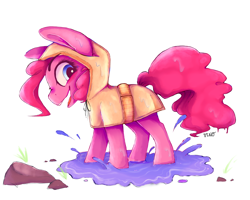 Size: 1280x1024 | Tagged: safe, artist:dino_horse, pinkie pie, earth pony, pony, chibi, cute, diapinkes, puddle, raincoat, smol, solo, water