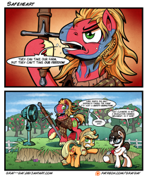 Size: 2697x3237 | Tagged: safe, artist:gray--day, applejack, big macintosh, raven, writing desk, earth pony, pony, braveheart, claymore, clipboard, comic, crossover, dialogue, fan, floppy ears, gritted teeth, i can't believe it's not idw, male, speech bubble, stallion, sword, war paint, weapon, windswept mane