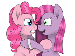 Size: 4000x3000 | Tagged: safe, artist:squipycheetah, pinkie pie, earth pony, pony, dr jekyll and mr hyde, dr pinkie and miss pie, duo, duo female, eye contact, fangs, female, gritted teeth, inner demons, jekyll & hyde, looking at each other, open mouth, pinkamena diane pie, self paradox, self ponidox, simple background, smiling, smirk, transparent background, vector