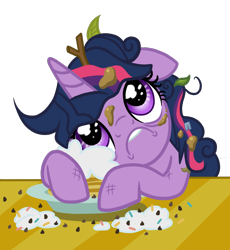 Size: 1656x1800 | Tagged: safe, artist:thecheeseburger, derpibooru import, twilight sparkle, twilight sparkle (alicorn), alicorn, pony, castle sweet castle, cargo ship, female, i'm pancake, lip bite, mare, pancakes, sad, solo