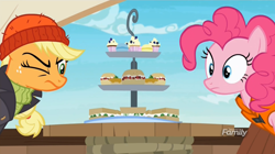 Size: 1566x878 | Tagged: safe, screencap, applejack, pinkie pie, earth pony, pony, ppov, captain jackbeard