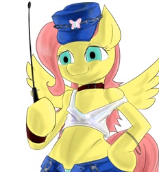 Size: 1300x1400 | Tagged: safe, artist:汚自慰, fluttershy, pegasus, pony, clothes, final fight, hat, poison (street fighter), street fighter, whip