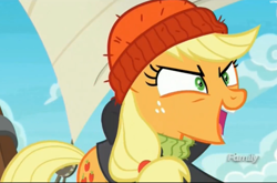 Size: 2153x1423 | Tagged: safe, screencap, applejack, earth pony, pony, ppov, >:d, applejack is best facemaker, captain jackbeard, discovery family logo, evil grin, evil laugh, laughing, smiling, solo