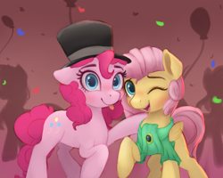 Size: 1000x800 | Tagged: safe, artist:vanillaghosties, fluttershy, pinkie pie, earth pony, pegasus, pony, atg 2017, cute, diapinkes, female, looking at you, mare, newbie artist training grounds, party, shyabetes, silhouette, smiling, tongue out