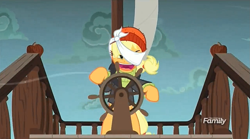 Size: 1275x707 | Tagged: safe, screencap, applejack, earth pony, pony, ppov, captain jackbeard, discovery family logo, solo