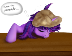 Size: 1600x1237 | Tagged: safe, artist:xormak, derpibooru import, twilight sparkle, twilight sparkle (alicorn), alicorn, pony, castle sweet castle, eyes closed, female, horn impalement, i'm pancake, mare, pancakes, sleeping, smiling, solo, thought bubble, whipped cream