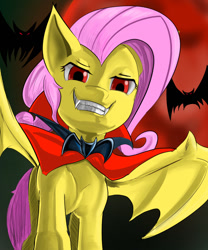 Size: 1000x1200 | Tagged: safe, artist:汚自慰, fluttershy, bat, bat pony, pony, cape, clothes, dracula, evil grin, female, flutterbat, grin, lidded eyes, looking at you, race swap, sharp teeth, smiling, teeth