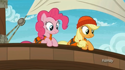 Size: 1269x709 | Tagged: safe, screencap, applejack, pinkie pie, earth pony, pony, ppov, discovery family logo