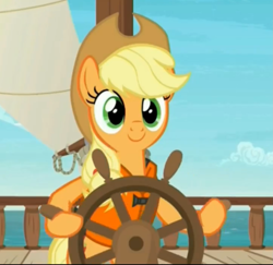 Size: 1445x1403 | Tagged: safe, screencap, applejack, earth pony, pony, ppov, c:, cute, dexterous hooves, helm, jackabetes, smiling, solo, steering wheel