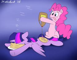 Size: 2293x1802 | Tagged: safe, artist:strebiskunk, derpibooru import, pinkie pie, twilight sparkle, twilight sparkle (alicorn), alicorn, earth pony, pony, castle sweet castle, :p, female, floppy ears, i'm pancake, mare, pancakes, prone, sleeping, smiling, spread wings, syrup, tongue out, zzz