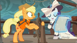 Size: 2479x1407 | Tagged: safe, screencap, applejack, rarity, earth pony, pony, unicorn, ppov, bipedal, blouse, clothes, cravat, duo, giant hat, gloves, hat, lifejacket, magic, map, raristocrat