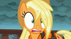 Size: 1265x707 | Tagged: safe, screencap, applejack, earth pony, pony, ppov, discovery family logo, solo, wet mane