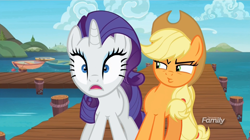 Size: 1566x878 | Tagged: safe, screencap, applejack, rarity, earth pony, pony, unicorn, ppov, seaward shoals