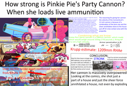 Size: 10000x6800 | Tagged: safe, pinkie pie, earth pony, pony, spoiler:comic, absurd resolution, ballistics, fancy mathematics, headcannon, headcanon, hypothesis, math, party cannon, theory