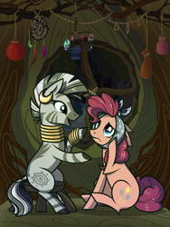 Size: 1082x1437 | Tagged: safe, artist:28gooddays, pinkie pie, zecora, earth pony, pony, zebra, bandage, dreamcatcher, duo, stool, toothache, window, zecora's hut