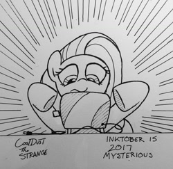 Size: 1280x1244 | Tagged: safe, artist:coaldustthestrange, fluttershy, pegasus, pony, inktober, monochrome, solo, toaster, traditional art