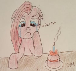 Size: 1025x950 | Tagged: safe, artist:rapidsnap, pinkie pie, pony, party of one, birthday, cake, crying, floppy ears, food, pinkamena diane pie, sad, solo, traditional art