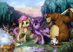 Size: 1920x1360 | Tagged: safe, artist:assasinmonkey, derpibooru import, angel bunny, fluttershy, harry, twilight sparkle, twilight sparkle (alicorn), alicorn, bear, bird, pegasus, pony, castle sweet castle, angelbuse, animal, faceplant, female, mare, messy mane, mud, muddy, scene interpretation, suds