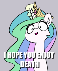 Size: 839x1024 | Tagged: safe, artist:pabbley, edit, princess celestia, alicorn, pony, bust, caption, ear fluff, glowing horn, image macro, imminent death, magic, meme, portrait, solo, text, tyrant celestia