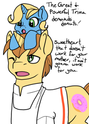 Size: 500x700 | Tagged: safe, artist:burningash, donut joe, oc, oc:trina, pony, unicorn, :o, child, father and child, father and daughter, female, filly, male, offspring, open mouth, parent and child, parent:donut joe, parent:trixie, parents:donutrix, pony hat, simple background, stallion, white background, wink