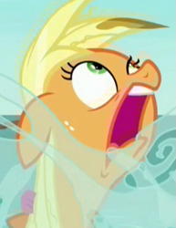 Size: 399x517 | Tagged: safe, screencap, applejack, earth pony, pony, ppov, solo, water, wet mane