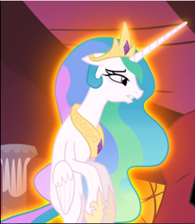 Size: 820x943 | Tagged: safe, screencap, lord tirek, princess celestia, alicorn, pony, twilight's kingdom, cropped, crown, jewelry, levitation, magic, offscreen character, regalia, sad, solo focus, telekinesis