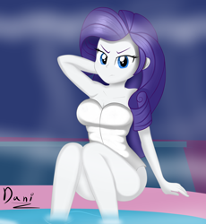 Size: 2560x2784 | Tagged: safe, artist:danielitamlp, rarity, equestria girls, arm behind head, armpits, bare shoulders, breasts, cleavage, female, high res, legs, looking at you, raritits, solo, spa, thighs