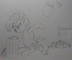 Size: 669x559 | Tagged: safe, artist:hundashter, pinkie pie, pony, monochrome, no mouth, solo, traditional art, trash can