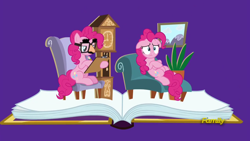 Size: 1920x1080 | Tagged: safe, screencap, pinkie pie, earth pony, pony, fame and misfortune, book, chair, clipboard, clock, distressed, ears up, fern, flawless, floppy ears, glasses, grandfather clock, groucho mask, lying, painting, paradox, pencil, pinkiatrist, pop-up book, psychiatrist, self ponidox, sitting, sofa, stressed, therapist, therapy, troubled, unhappy, writing