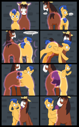 Size: 5000x8000 | Tagged: safe, artist:chedx, flash sentry, trouble shoes, oc, oc:fast hooves, earth pony, pegasus, pony, comic:the fusion flashback, butt, clydesdale, comic, commissioner:bigonionbean, confused, flank, forced, fuse, fusion, fusion:fast hooves, large butt, magic, merging, panicking, plot, potion, swelling, writer:bigonionbean