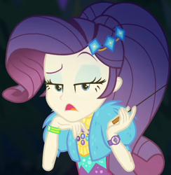 Size: 942x967 | Tagged: safe, screencap, rarity, better together, equestria girls, sunset's backstage pass!, clothes, coat, cropped, cute, dress, female, fur, fur coat, geode of shielding, jewelry, judgemental, lidded eyes, magical geodes, night, outdoors, ponytail, raised eyebrow, raribetes, short sleeves, sitting, stick, wristband