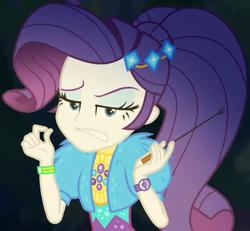 Size: 1040x963 | Tagged: safe, screencap, rarity, better together, equestria girls, sunset's backstage pass!, clothes, coat, cropped, cute, dress, female, forest background, fur, fur coat, geode of shielding, jewelry, judgemental, lidded eyes, magical geodes, night, outdoors, ponytail, raribetes, short sleeves, sitting, stick, wristband