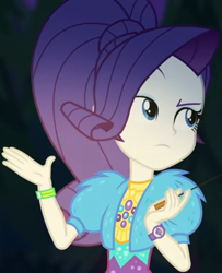 Size: 877x1080 | Tagged: safe, screencap, rarity, better together, equestria girls, sunset's backstage pass!, clothes, coat, cropped, cute, dress, female, forest background, fur, fur coat, geode of shielding, jewelry, magical geodes, night, outdoors, ponytail, raised eyebrow, raribetes, sassy, short sleeves, sitting, stick, wristband