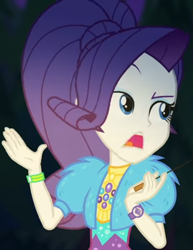 Size: 834x1080 | Tagged: safe, screencap, rarity, better together, equestria girls, sunset's backstage pass!, clothes, coat, cropped, cute, dress, female, fur, fur coat, geode of shielding, jewelry, magical geodes, night, outdoors, ponytail, raised eyebrow, raribetes, sassy, short sleeves, sitting, stick, wristband