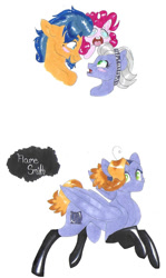 Size: 640x1071 | Tagged: safe, artist:frozensoulpony, flash sentry, limestone pie, pinkie pie, oc, oc:flame smith, pegasus, pony, clothes, female, latex socks, limesentry, male, mare, offspring, parent:flash sentry, parent:limestone pie, parents:limesentry, shipping, socks, straight, traditional art