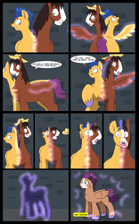 Size: 5000x8000 | Tagged: safe, artist:chedx, flash sentry, trouble shoes, oc, oc:fast hooves, earth pony, pegasus, pony, comic:the fusion flashback, butt, clydesdale, comic, commissioner:bigonionbean, confused, dialogue, flank, forced, fuse, fusion, fusion:fast hooves, large butt, magic, merging, panicking, plot, potion, swelling, writer:bigonionbean