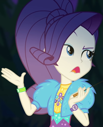 Size: 879x1080 | Tagged: safe, screencap, rarity, better together, equestria girls, sunset's backstage pass!, clothes, coat, cropped, cute, dress, female, forest background, fur, fur coat, geode of shielding, jewelry, magical geodes, night, outdoors, ponytail, raised eyebrow, raribetes, sassy, short sleeves, sitting, stick, wristband